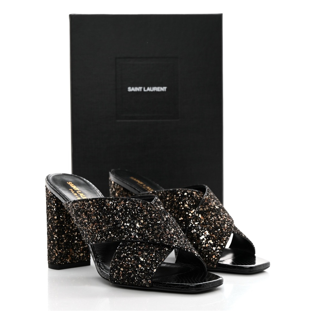YSL Saint Laurent Black Glitter Sequin LouLou 95 Mules
Sandals 39.5, 9.5
